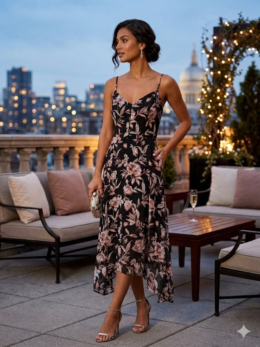 White House Black Market Black Floral Asymmetrical Hem Midi Dress NWOT Size 14